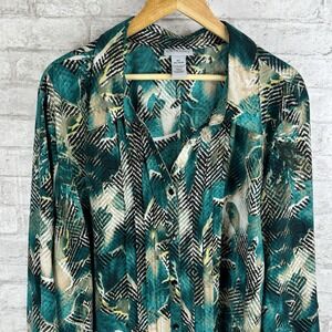 Catherines Womens Button Up Top Size 4X Green‎ Multi Long Sleeve Collar Career